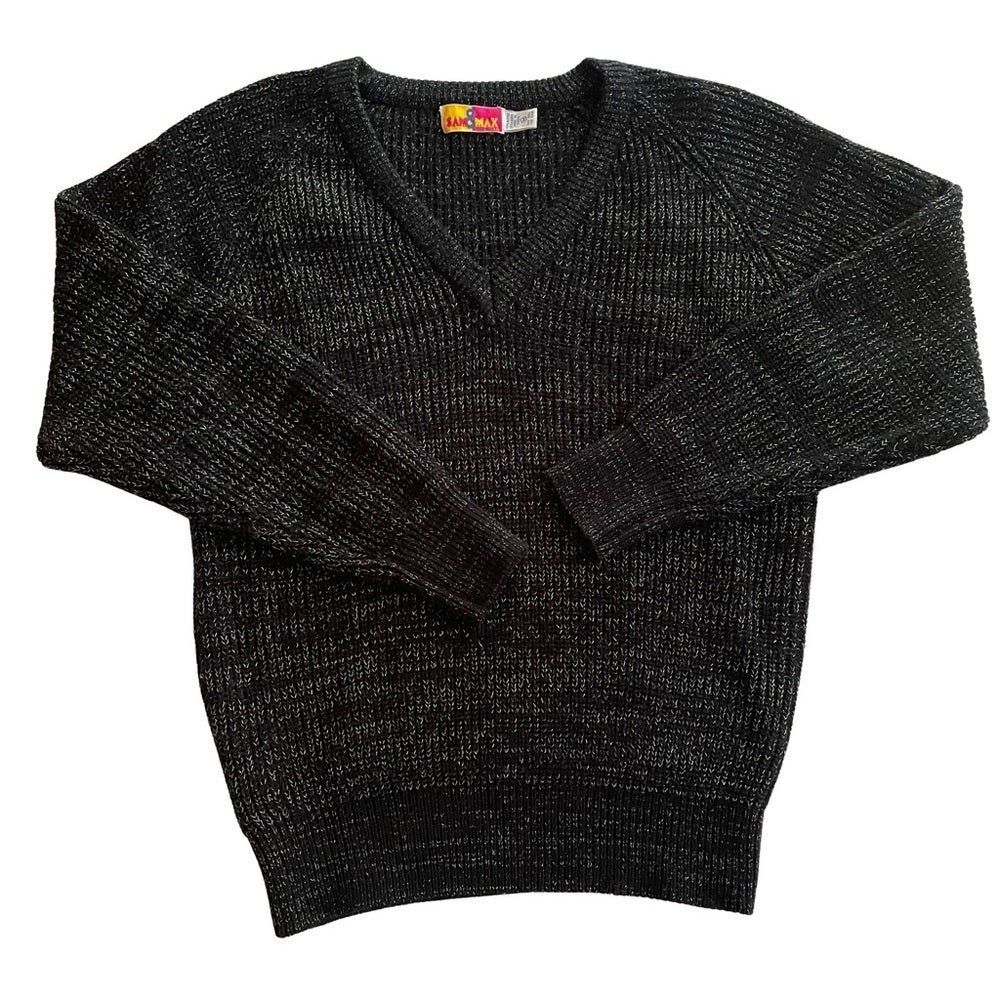 Vintage 80s Sam & Max V-Neck Lurex Tinsel Sparkle Knit Sweater Black